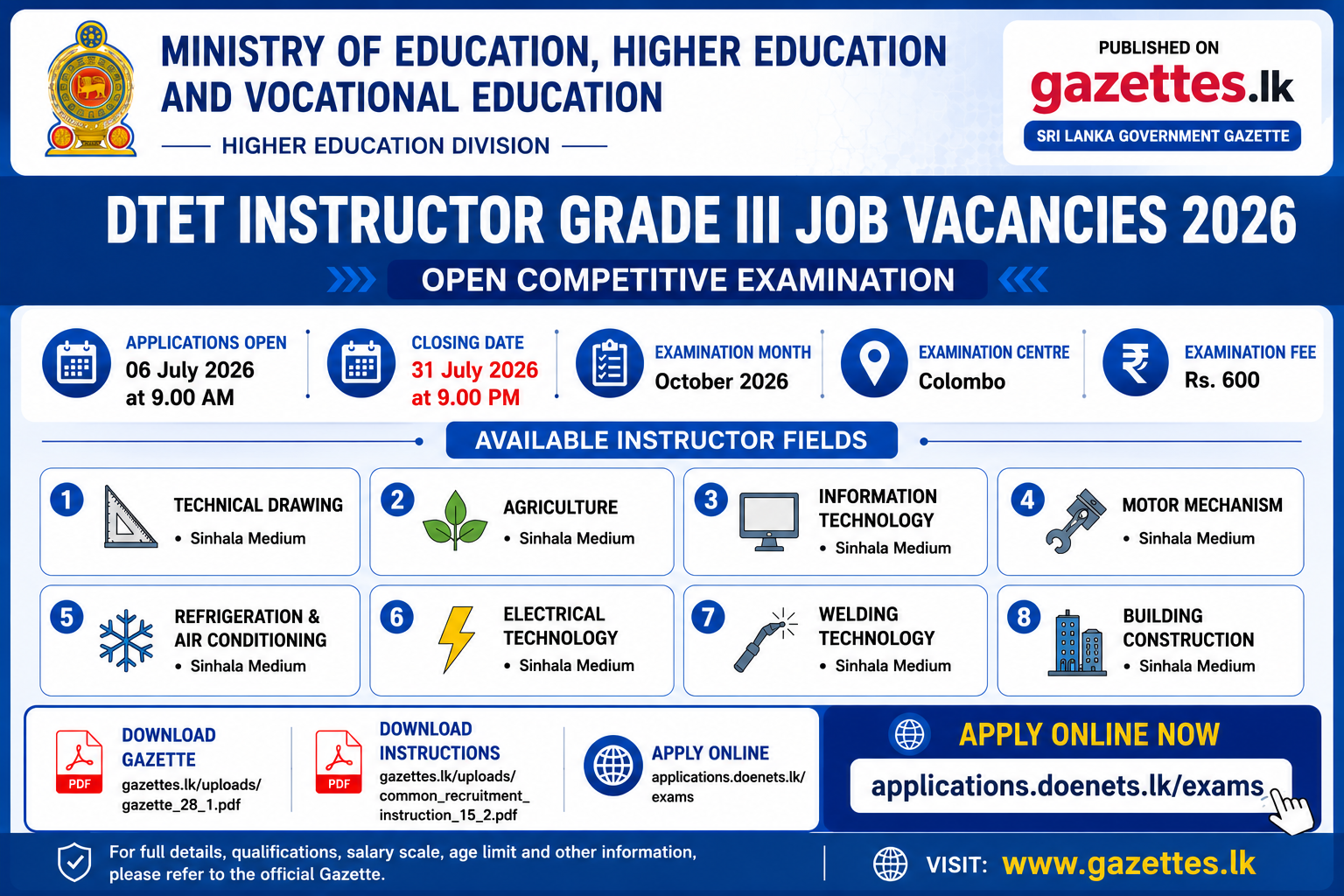 DTET Instructor Grade III Job Vacancies 2026 - Open Competitive Examination