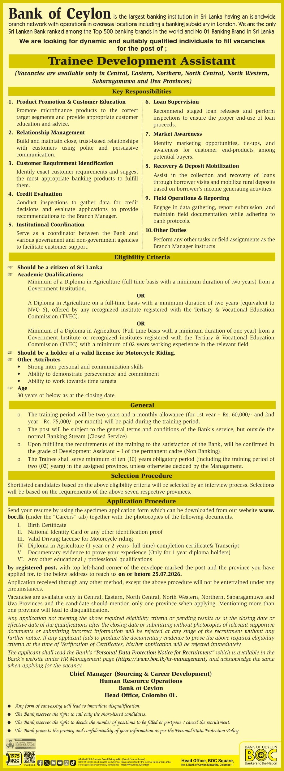 BOC Trainee Development Assistant Vacancies 2026